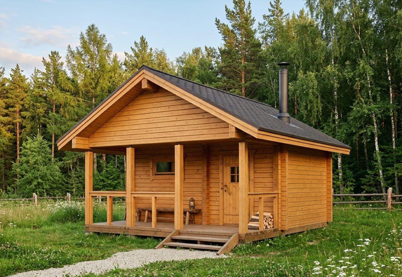 Баня из бруса 2×4 с террасой 2×4 — строительство под ключ в Новосибирске